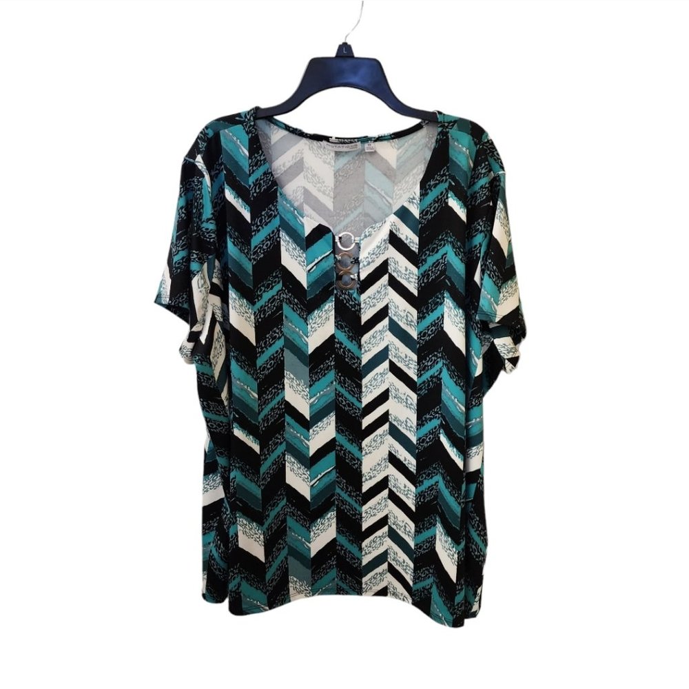 Notations Woman Green Black Abstract Geometric Top 3XL Office Wear